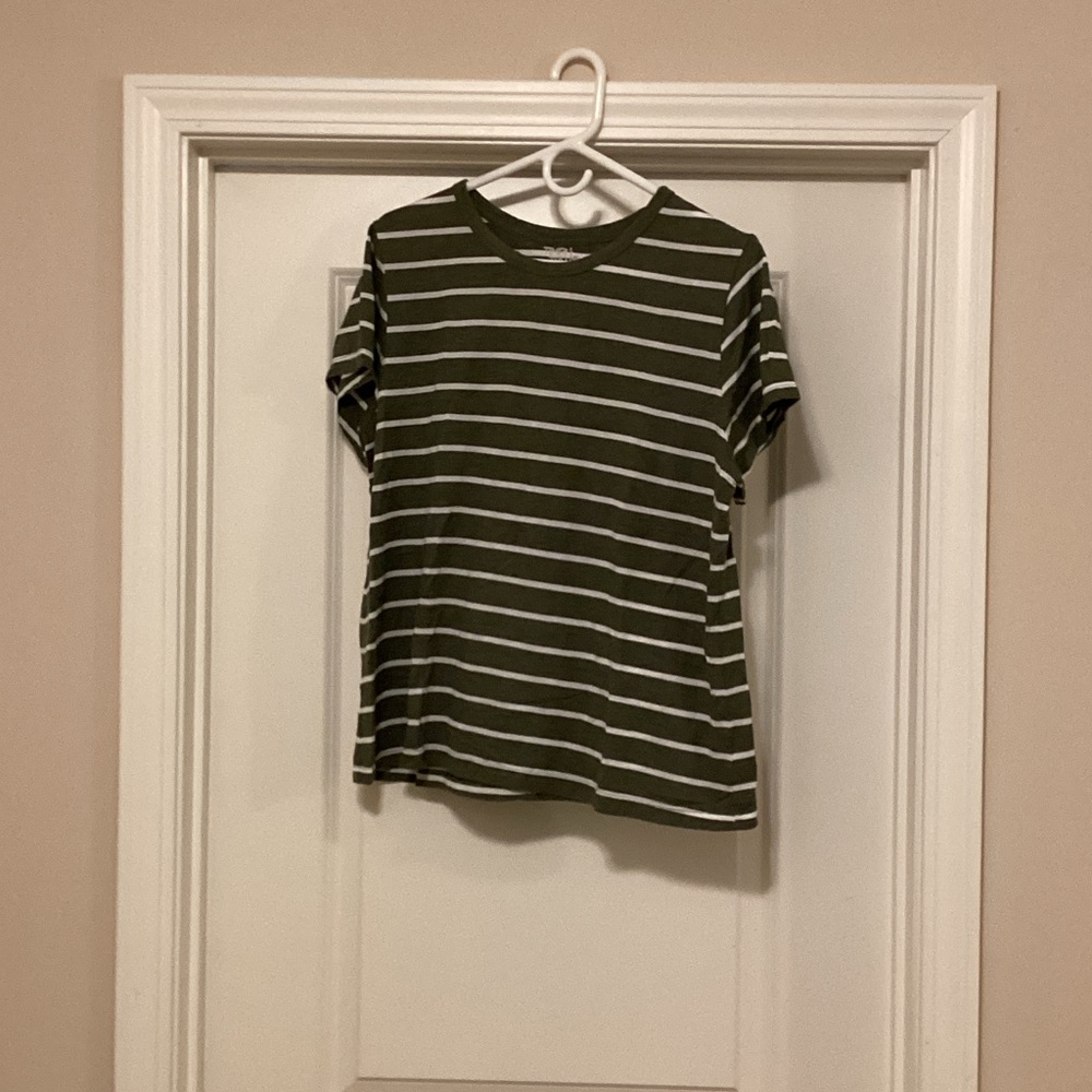 Time and Tru Olive and White Striped Tee